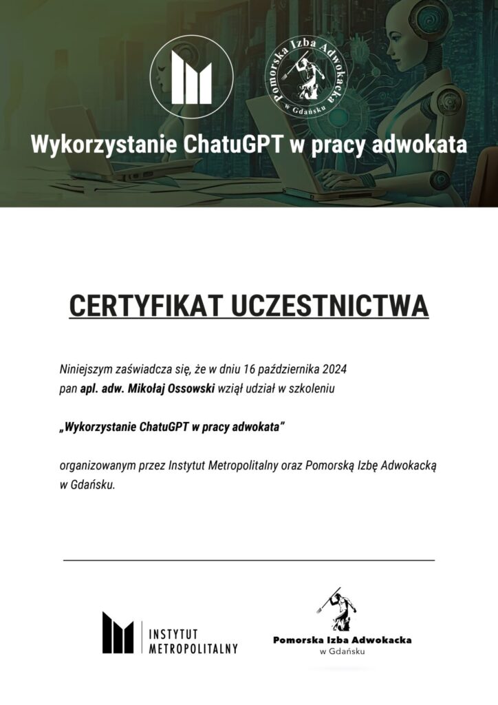 Certyfikat ChatGPT w pracy adwokata
