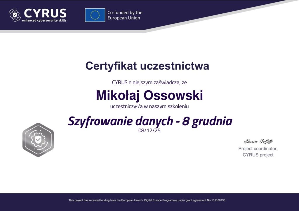 Certyfikat Szyfrowanie Danych POZIOMY