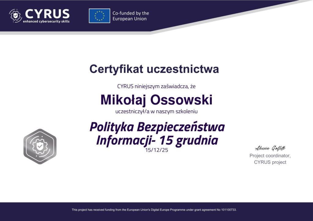Certyfikat Polityka Bezpieczeństwa POZIOMY